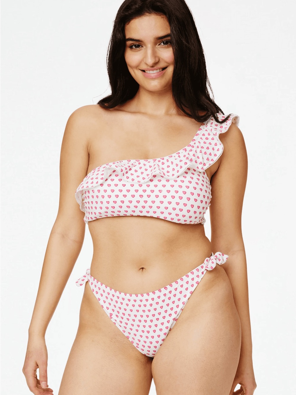 Roller Rabbit One-Shoulder White Bikini Top with Pink Heart Print